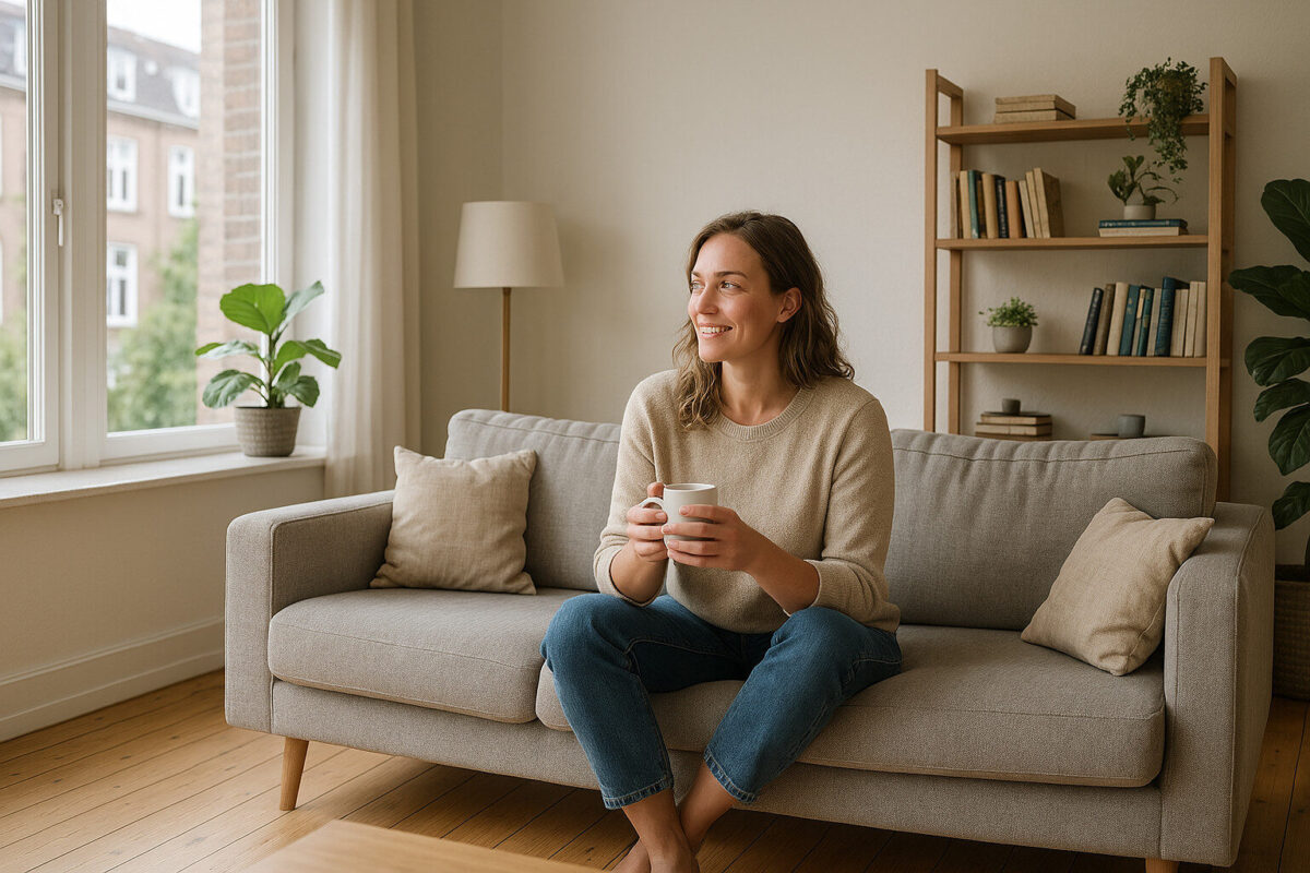onge vrouw zit ontspannen op een bank in een moderne Nederlandse woonkamer met Scandinavisch design, terwijl ze een kopje koffie vasthoudt.